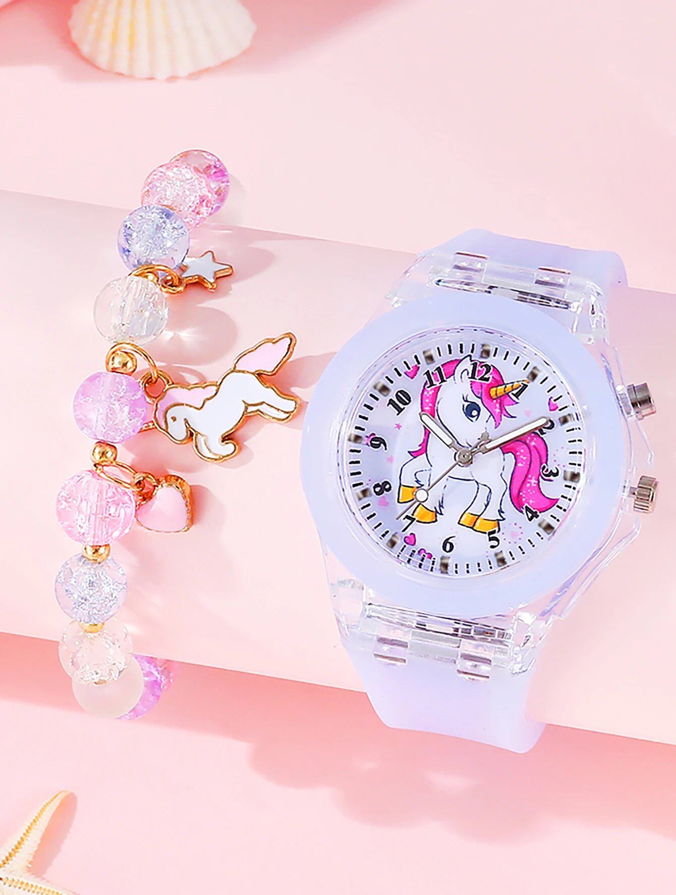 5-Piece Cute Unicorn Silicone Digital Watch and Acrylic Unicorn Bracelet Gift Set (No Gift Box) Color: Parallel Import