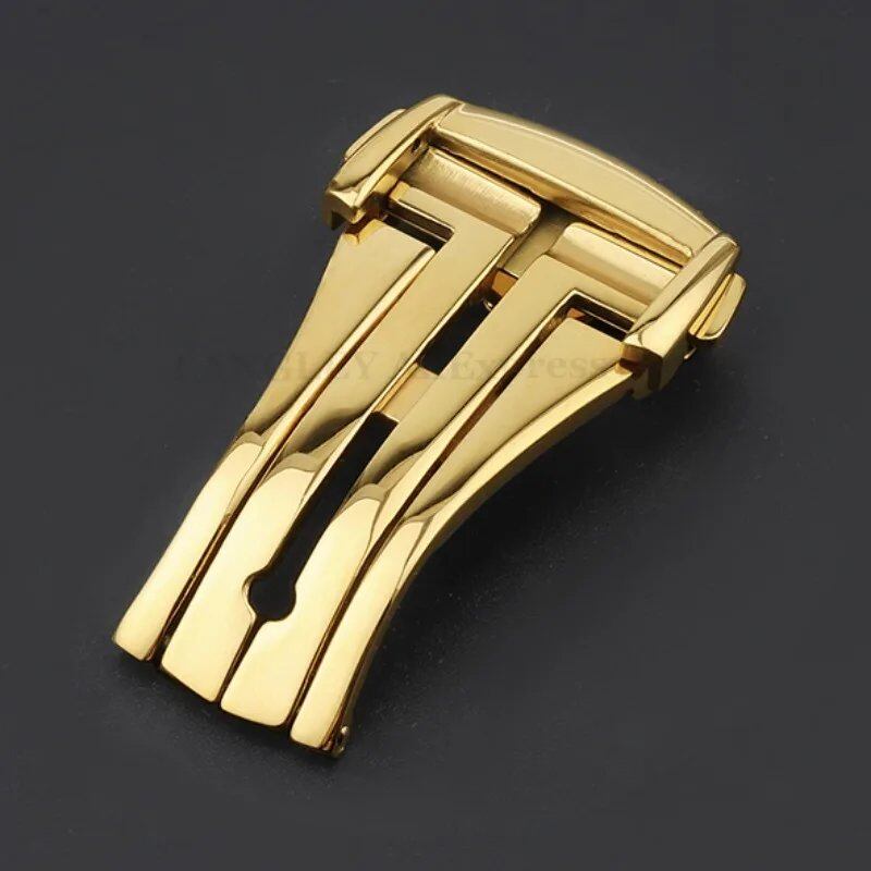 Folding butterfly buckle for 16mm, 18mm, and 20mm OMEGA Seamaster watches. 316L steel watch band clasp with matte and polished finish and double push-button strap. Band color: Parallel import.