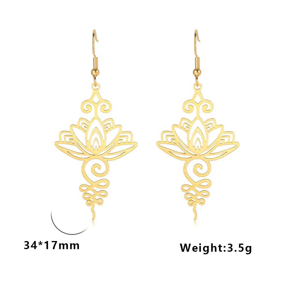 Stainless Steel Lotus Flower Earrings, Spiritual Chakra, Unalome Symbol Drop, Women's, Yoga, Buddhism, Unique Jewelry, Gemstone Color: Color, Parallel Import