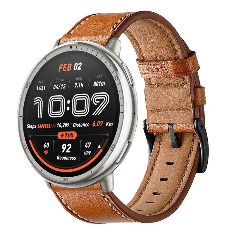 Compatible with Amazfit Active 2, Bip 6, 5, 3 Pro, GTR 4, 3, 2, GTS 4, 3, 2, Stratos 2, 3, and Balance 2. 20mm and 22mm leather smartwatch bands. Band color: Black. Parallel import.