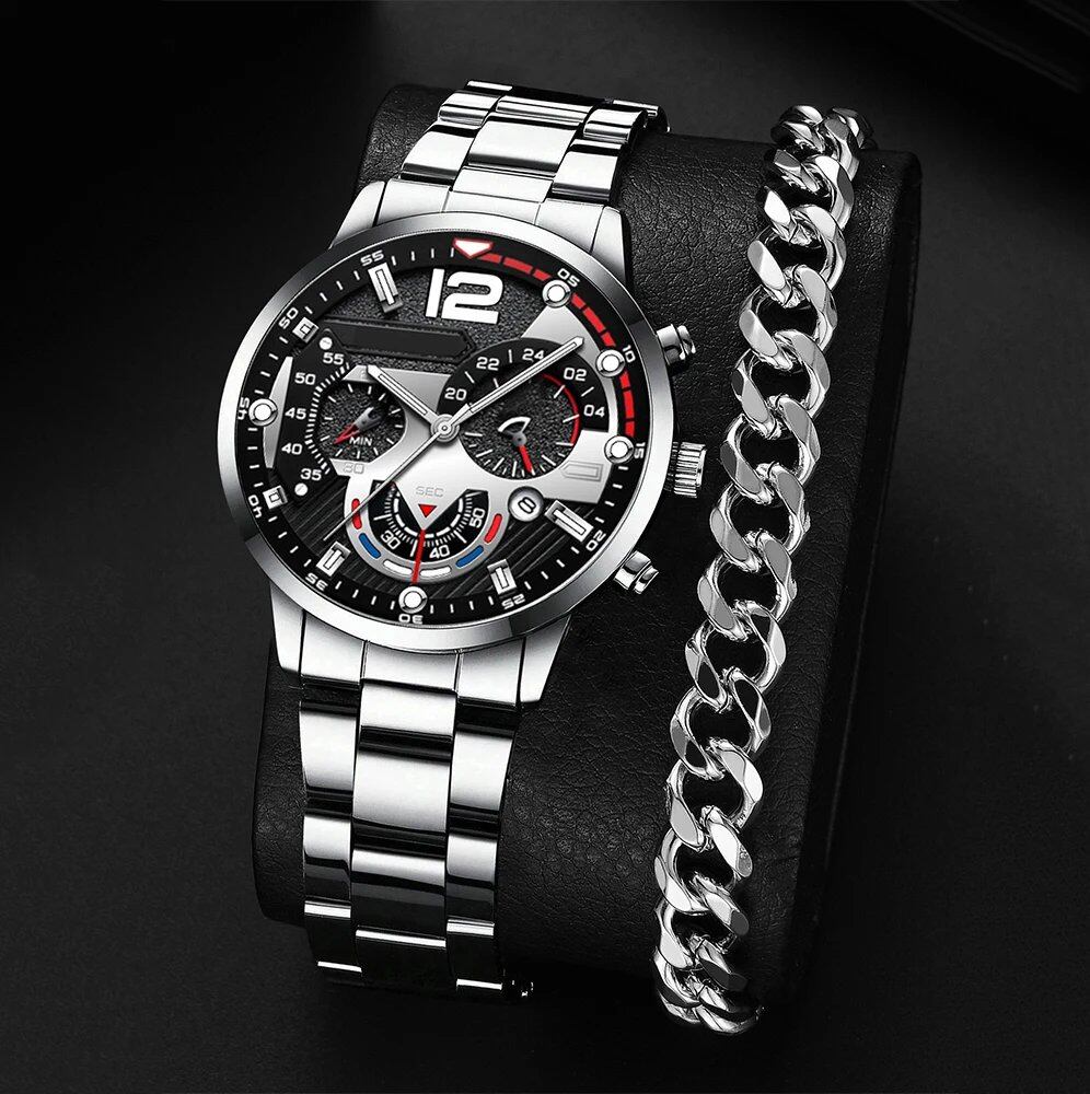 New Hot Watch Men's Stainless Steel Wristwatch, Luxury Quartz Calendar Business Watch, Parallel Import