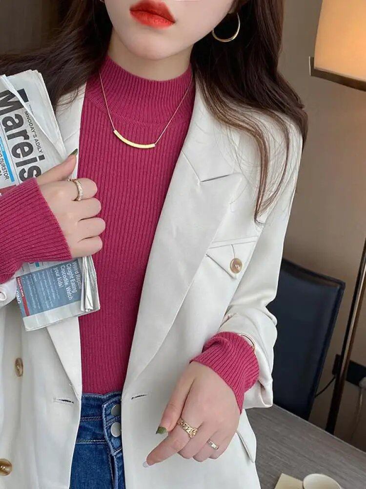 Women's Autumn/Winter Mock Neck Sweater, Vintage Basic Solid Knit Korean Style Top, Casual Slim Pullover Sweater, Simple Chic Jumper, Size: One Size Fits Most; Imported