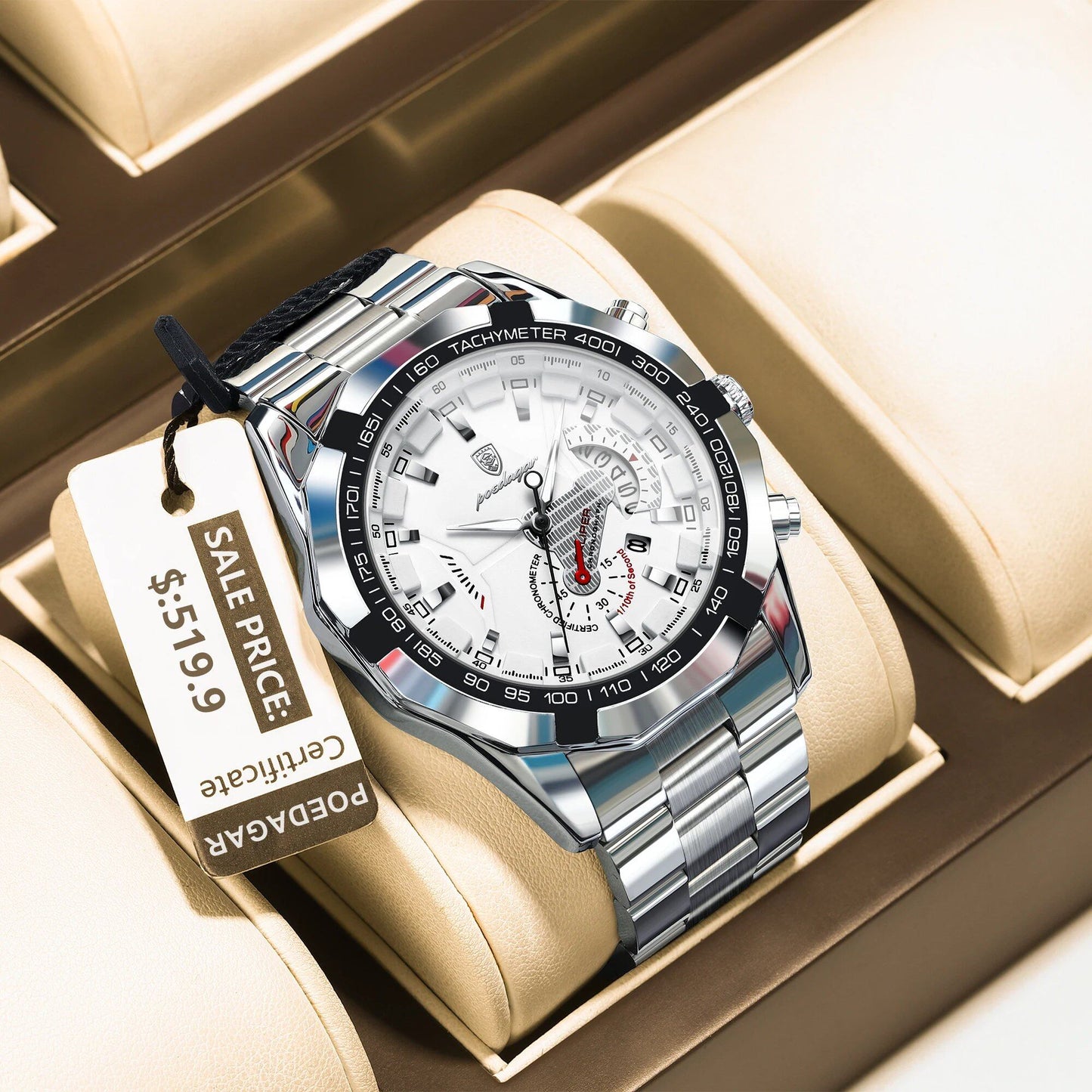 POEDAGAR Business Military Style Waterproof Men's Watch with Luminous Movement and Calendar, Stainless Steel Quartz Movement, Color: 1801 Silver, Parallel Import