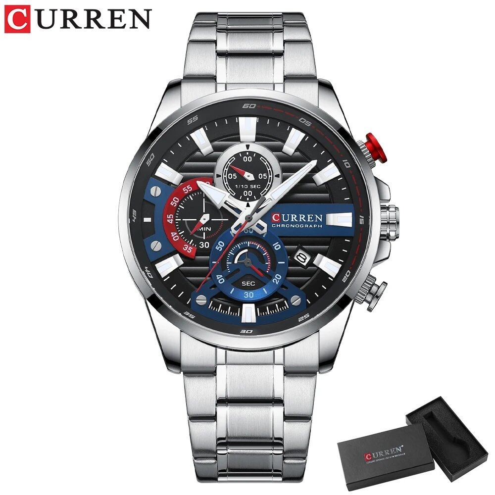 Karen Men's Sport Casual Chronograph Quartz Watch, Stainless Steel, Automatic Date Display, Silver Box, Parallel Import