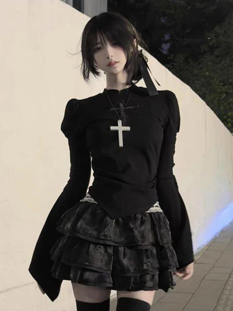 Y2K Subculture Japanese Style Long Sleeve T-Shirt, Lace-Up Gothic Black Tee, Women's Streetwear, Punk Design, Size: Parallel Import
