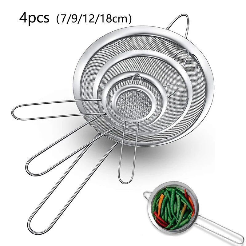 Set of 1, 3, or 4 Stainless Steel Wire Extra-Fine Mesh Oil Strainers and Flour Sifters for Baking and Pastry Making, Parallel Import