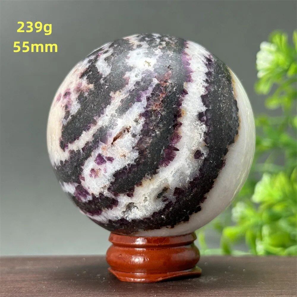 Natural Purple Zebra Fluorite Ball for Reiki Healing, Spiritual Meditation, Chakra Therapy, Magic, Ritual, Divination, Home Decoration, with Stand, Color: A, Parallel Import