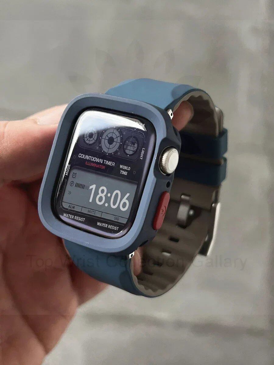 Silicone Band + TPU Case Protector Cover for Apple Watch Ultra 2/Series 1-10 (41mm/44mm/45mm/46mm/49mm) Bracelet Color: Parallel Import