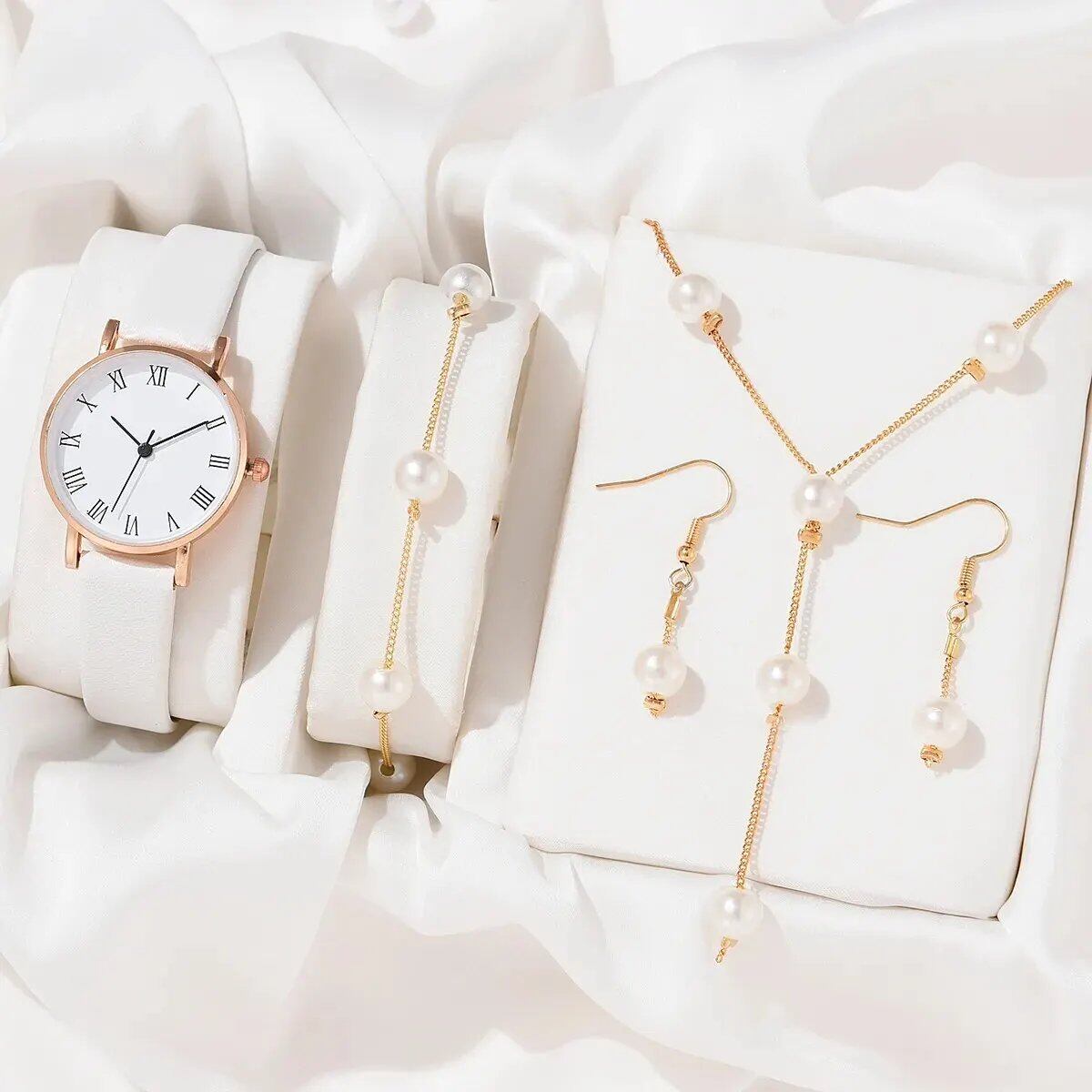 Luxury 4-Piece Women's Watch Set: Round Face, Rhinestone, Elegant Quartz Wristwatches, Rose Gold, Color: ZY001 - Parallel Import
