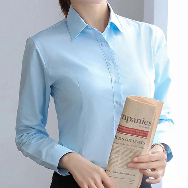 Elegant women's white shirt, long sleeve blouse, pink button-down shirt, solid color, work blouse top, size: Parallel import