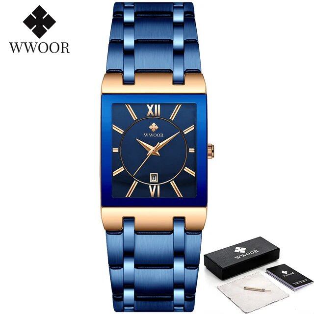 メンズ腕時計 新作ファッション 高級 WWOOR レディース スクエア ブルー 防水 クォーツ ステンレススチール 男性用 カラー:ボックス 並行輸入品