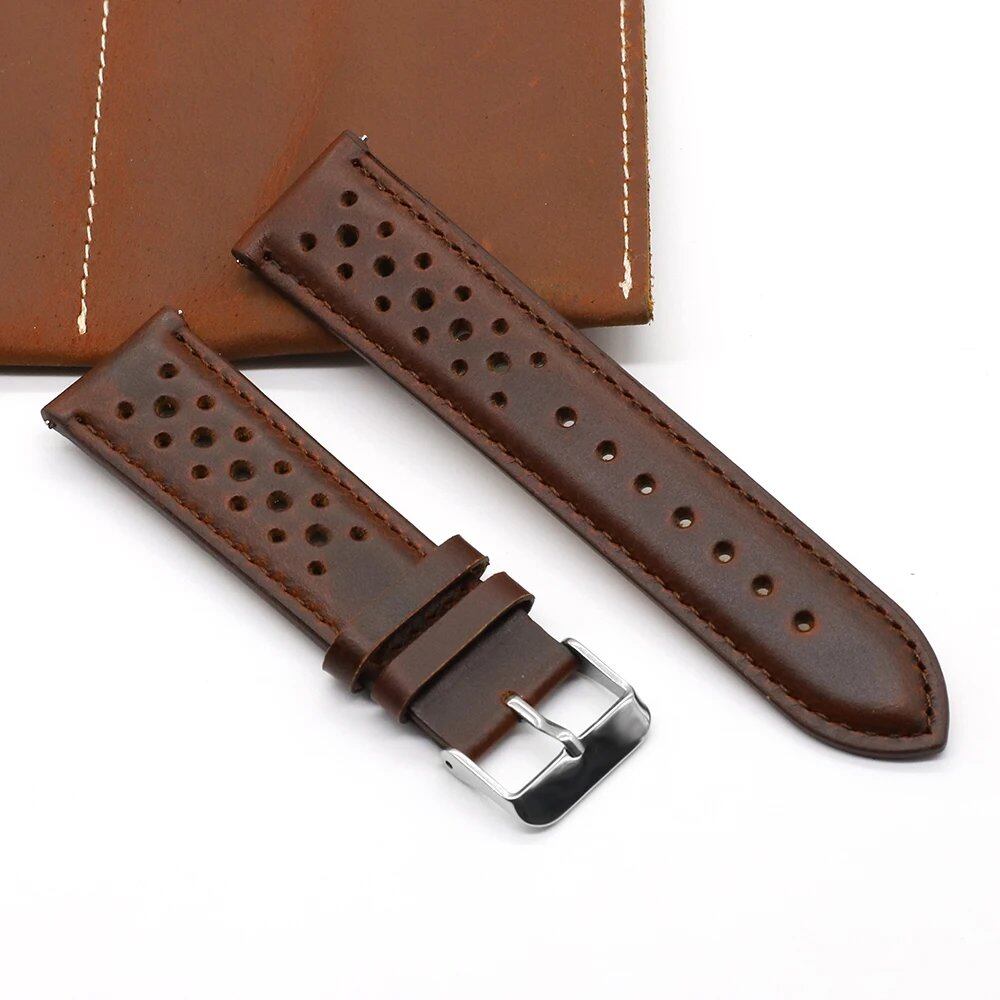 Vintage Handmade Leather Watch Strap, 18mm, 19mm, 20mm, 22mm, 24mm, Racing Gray, Black, Brown, Blue, Ventilated, Band Color: mm, Parallel Import