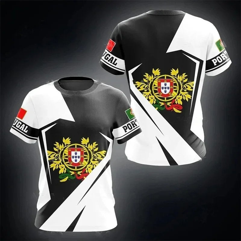 3D Printed Portuguese Flag T-Shirt with Portuguese Emblem and Spiritual Totem, Men's Short Sleeve Cool T-Shirt, Streetwear, Size: Parallel Import