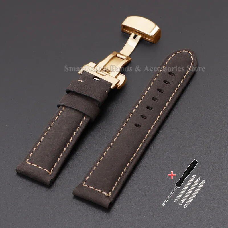 Vintage-style calf leather strap for Panerai and Seiko watches in sizes 20mm, 22mm, 24mm, and 26mm. Features a metal butterfly clasp. Band color: mm. Parallel import.