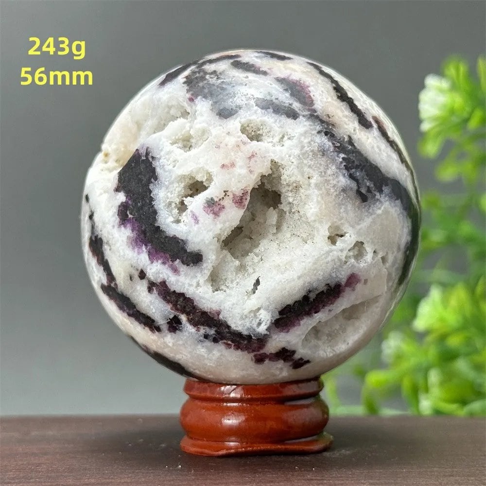 Natural Purple Zebra Fluorite Ball for Reiki Healing, Spiritual Meditation, Chakra Therapy, Magic, Ritual, Divination, Home Decoration, with Stand, Color: A, Parallel Import