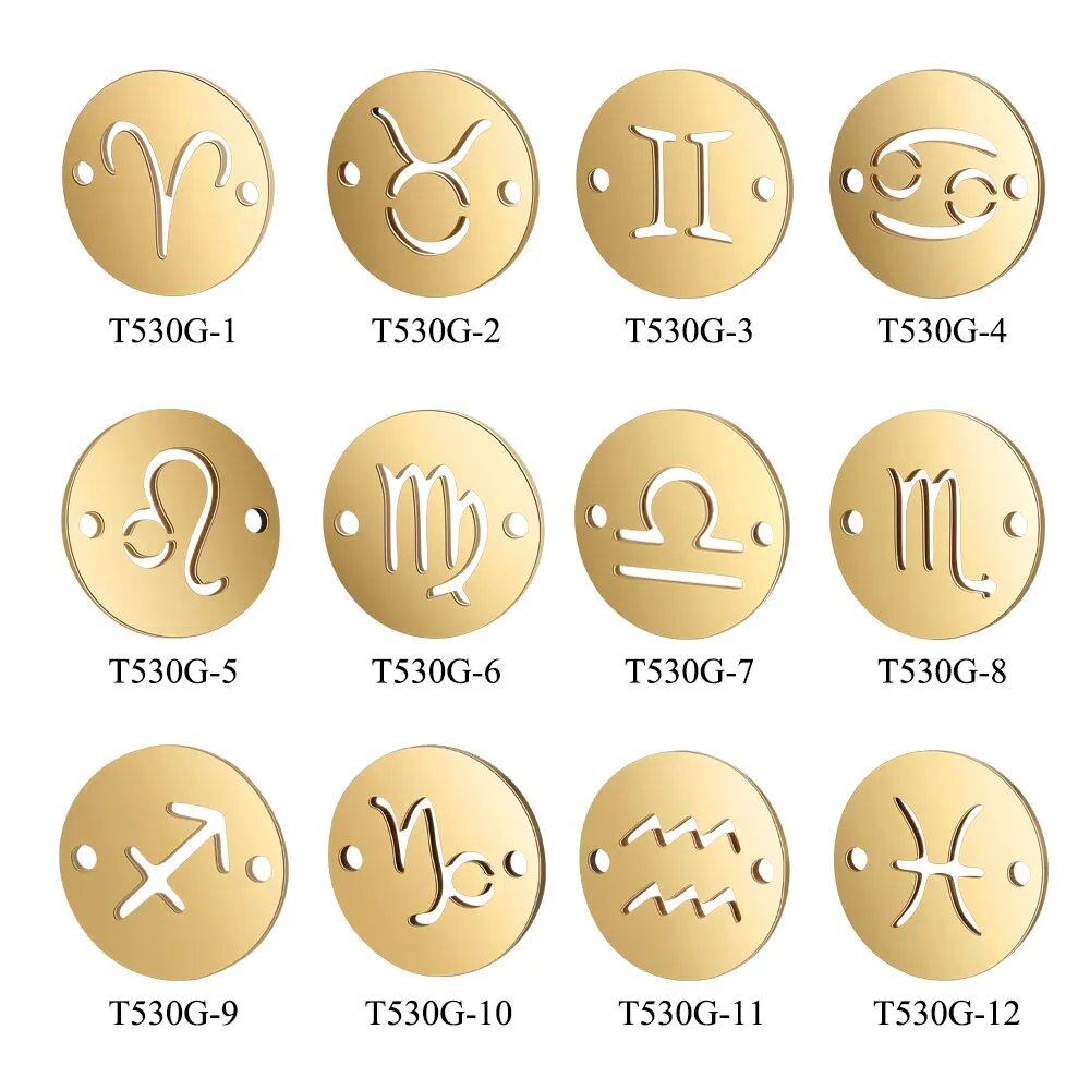 Set of 10 12mm Gold-Colored Round Zodiac Charms, 12 Zodiac Signs, 2-Hole DIY Bracelet Chain Connectors, Metal Color, Parallel Import