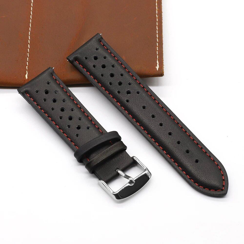 Vintage Handmade Leather Watch Strap, 18mm, 19mm, 20mm, 22mm, 24mm, Racing Gray, Black, Brown, Blue, Ventilated, Band Color: mm, Parallel Import