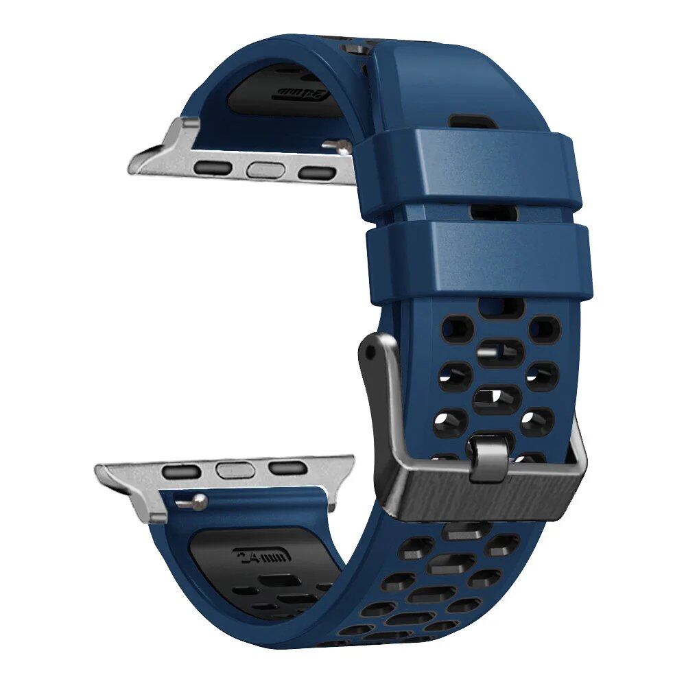 Breathable silicone wristband for Apple Watch Ultra 2 (49mm) / Series 9, 8, 7, SE, and 6 (45mm, 44mm, 42mm). Band Colors: 49mm, 45mm, 44mm, 42mm. Parallel import.
