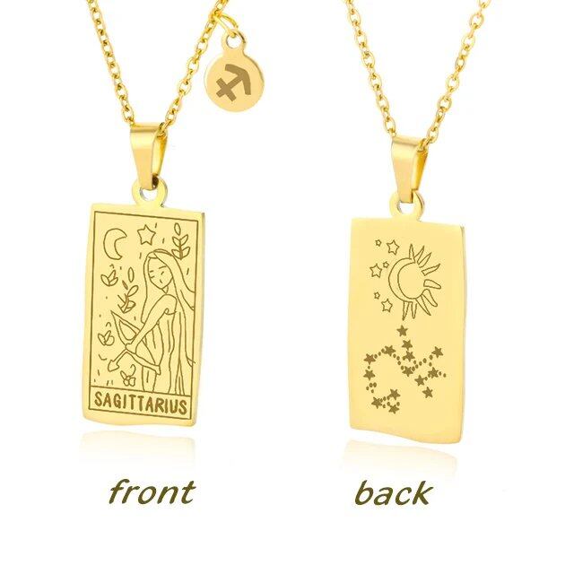 Stainless Steel 12 Zodiac Sign Necklace for Women, Zodiac Pendant, Gold Plated Square Clavicle Chain, Birthday Jewelry, Metal Color: Parallel Import