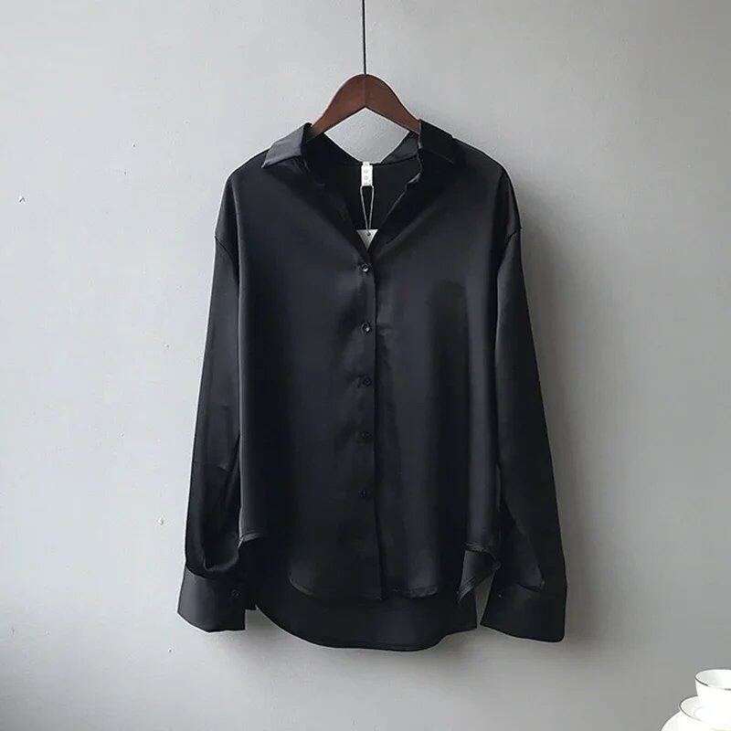 Elegant Satin Loose Dress Shirt with Turndown Collar for Spring and Fall, Vintage Casual Button-Down Silk Top, Size: Parallel Import
