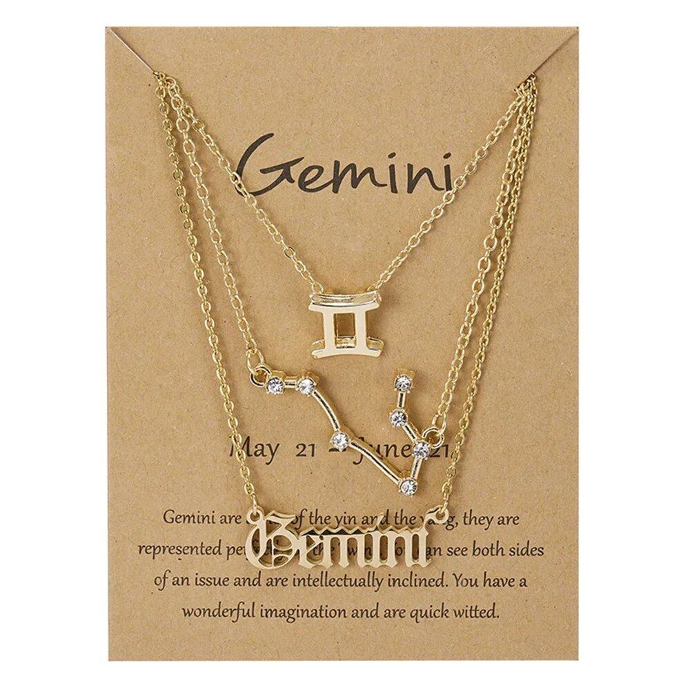 Set of 3 Women's 12 Zodiac Sign Necklaces with Pendant Chains, Chokers, Birthday Jewelry, Cardboard Cards, 45cm Long; Metal Color: 6252, Parallel Import