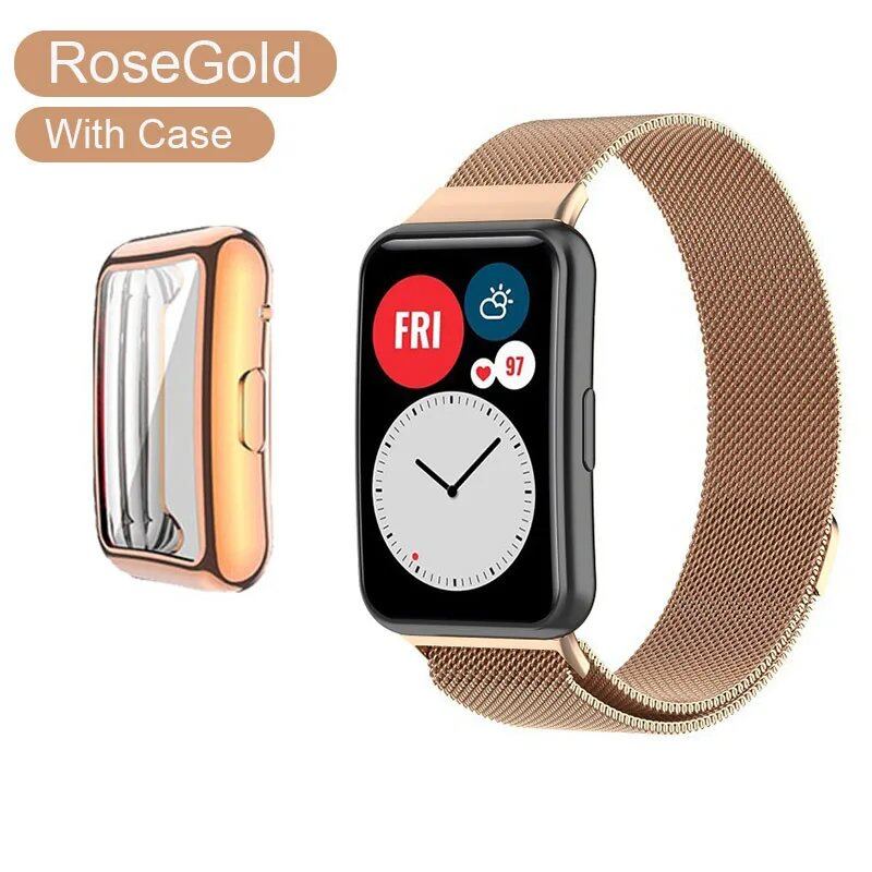 Huawei Watch Fit Metal Band Strap with Case and TPU Screen Protector, Compatible with Huawei Watch Fit 2, Milanese Bracelet, Magnetic Loop Watch Band, Band Color: Parallel Import