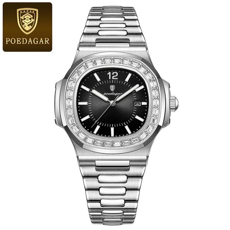 POEDAGAR Stainless Steel Men's Watch, Waterproof, Business Style, with Calendar, Quartz Movement, Luxury Laminated Square Design, Parallel Import