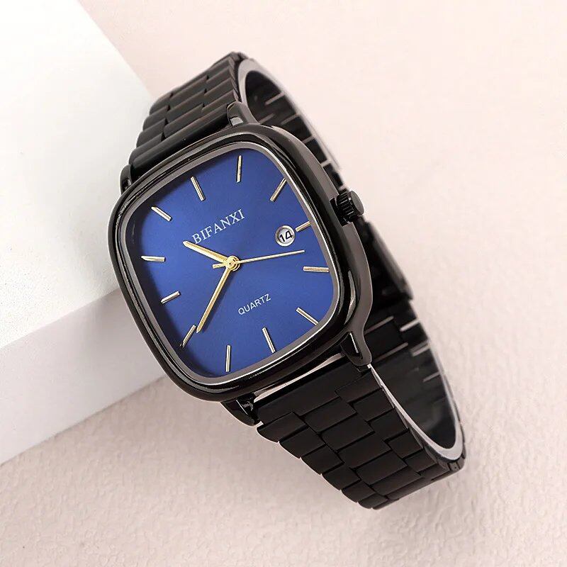 Business Men's Waterproof Quartz Watch with Luxury Blue Silver Steel Strap, Women's Fashion Calendar Watch, Wholesale, Parallel Import
