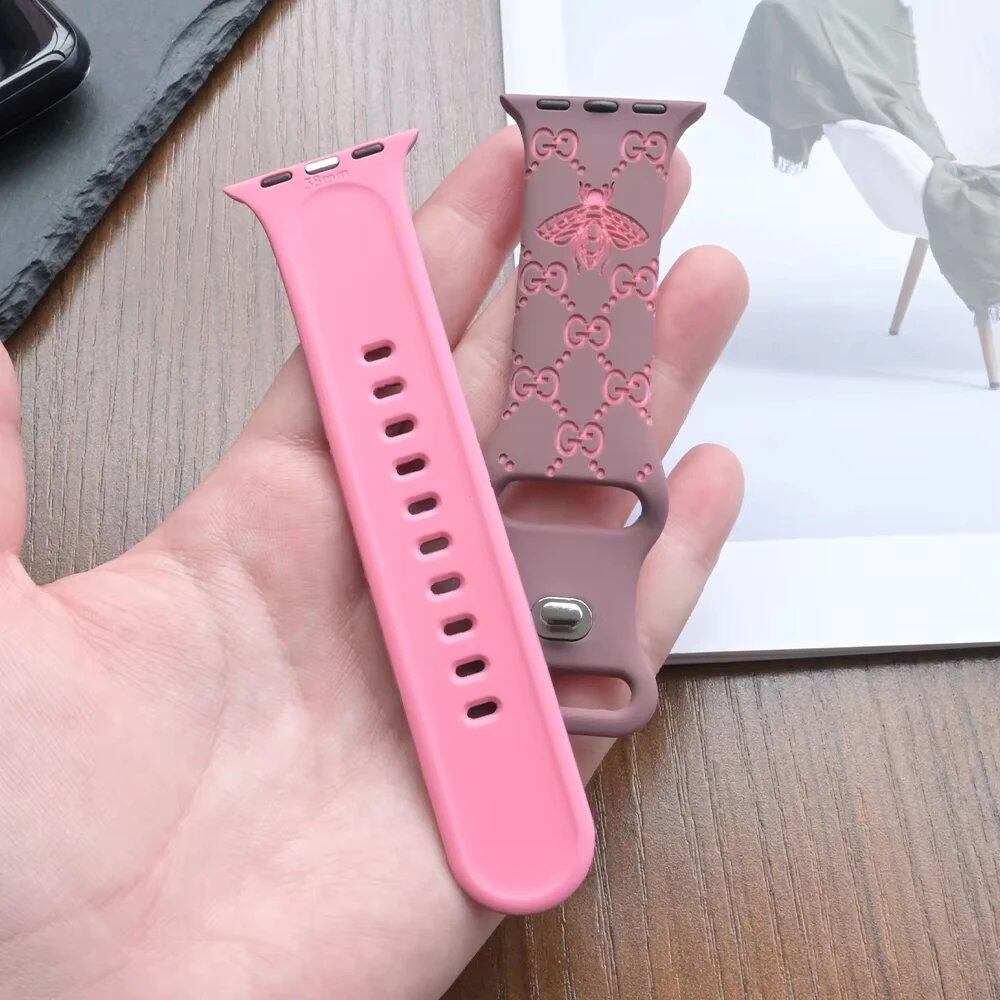 Silicone Engraved Strap for Apple Watch - Compatible with: 10/46mm/42mm/38mm/40mm/41mm/44mm/45mm/Ultra 2 (49mm)/iWatch 9/8/7/6/5/4/SE - Soft Bracelet Band Color: Parallel Import