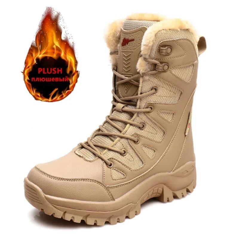 New Warm Plush Snow Boots for Men, Lace-Up Casual High-Top, Waterproof and Slip-Resistant, Winter Ankle Boots/Army Work Boots, Color: Plush Brown, Parallel Import