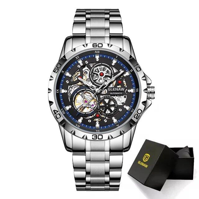 Grenau Steampunk Skeleton Men's Watch with Ring, Luxury Automatic Mechanical Watch, Luminous and Waterproof, Stainless Steel Strap, Parallel Import