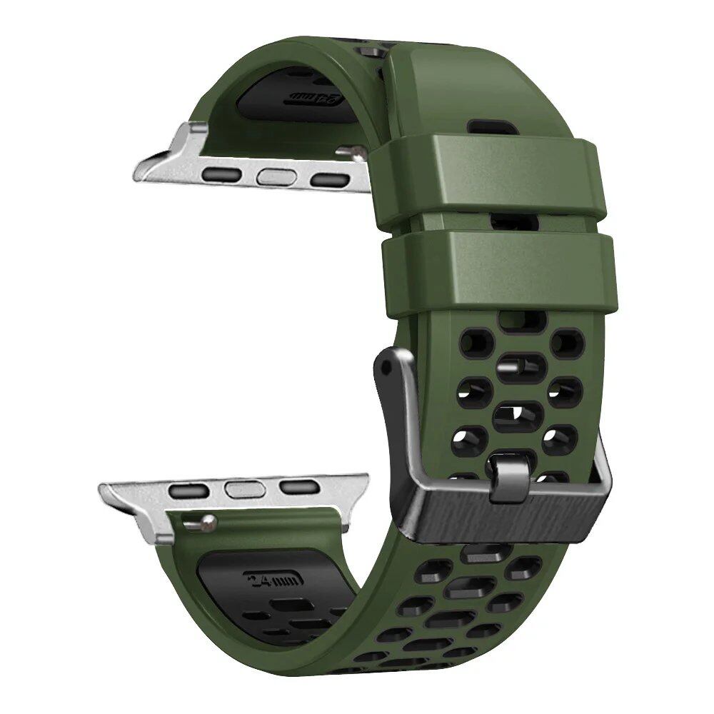 Breathable silicone wristband for Apple Watch Ultra 2 (49mm) / Series 9, 8, 7, SE, and 6 (45mm, 44mm, 42mm). Band Colors: 49mm, 45mm, 44mm, 42mm. Parallel import.