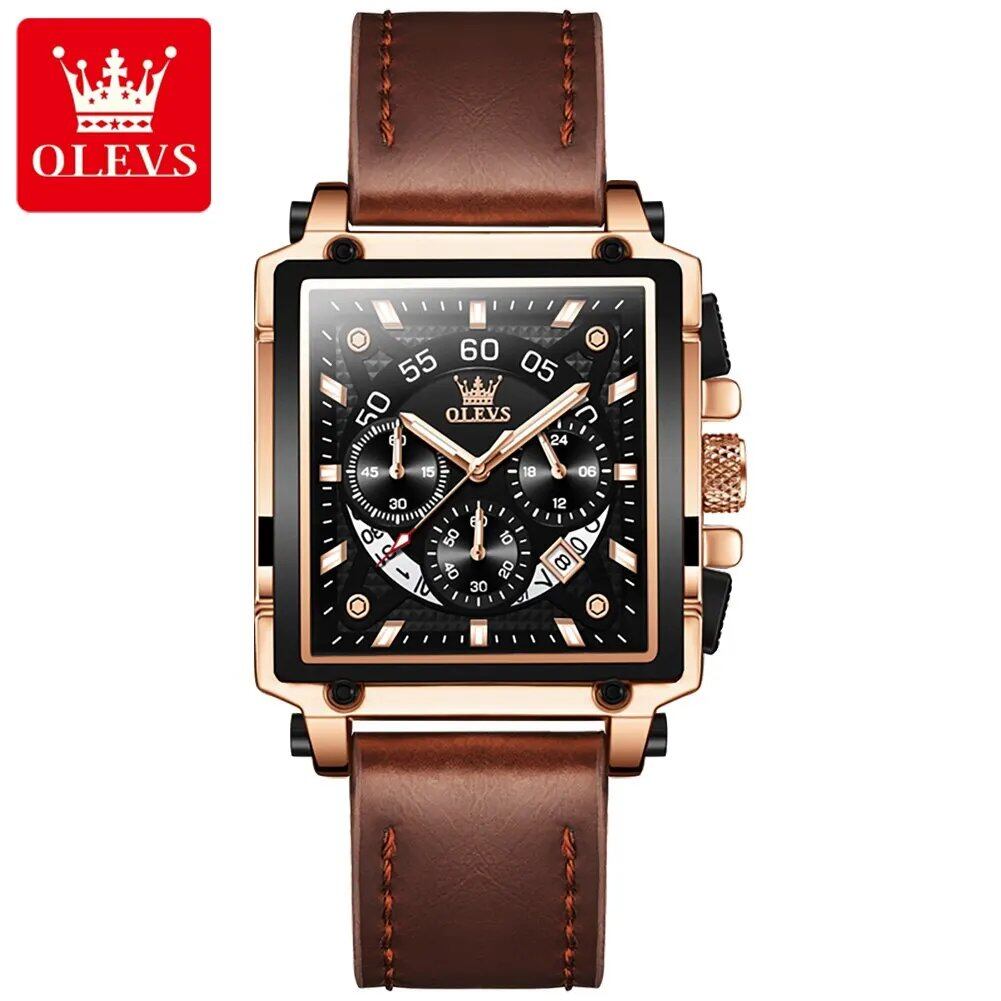 OLEVS Top Brand Men's Square Quartz Watch with Waterproof Leather Strap, Sports Clock for Men; Customization Unavailable, Parallel Import