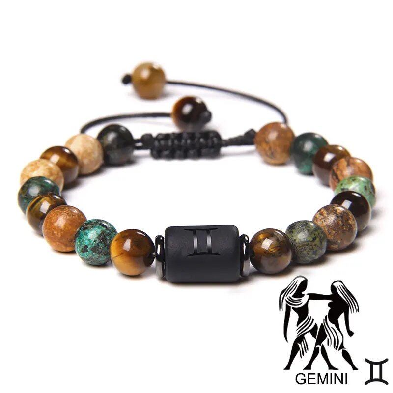 12 Zodiac Signs Bracelet, Natural Turquoise and Tiger Eye Stones, Braided Bracelet, Jewelry for Women and Men, Couples Gift, Adjustable Length; Metal Color: Parallel Import