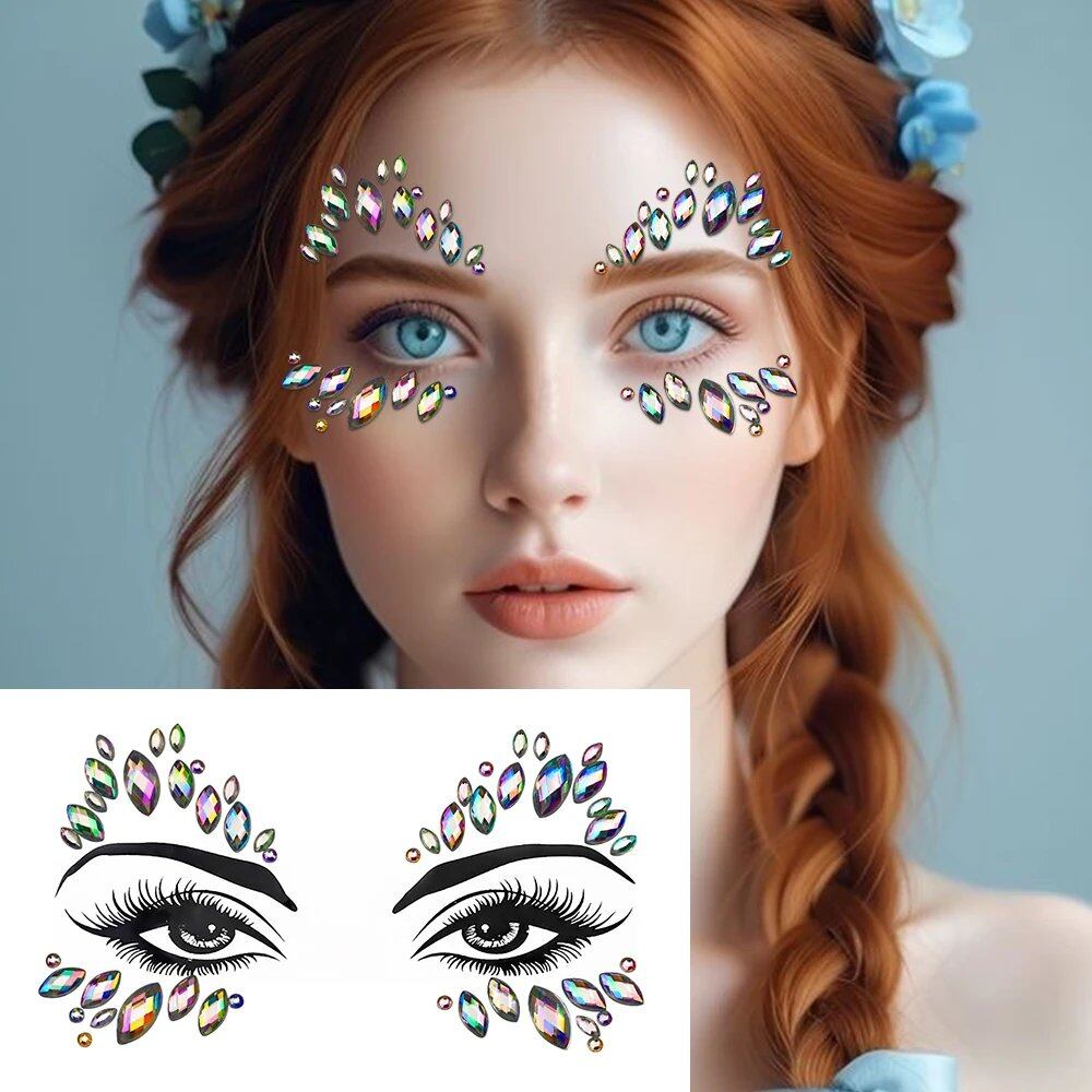 1/5/8-Piece 3D Face and Eye Tattoo Stickers for Party Makeup, Diamond Rhinestone Stickers, Self-Adhesive Mixed Crystal Face Decoration Stickers, Parallel Import