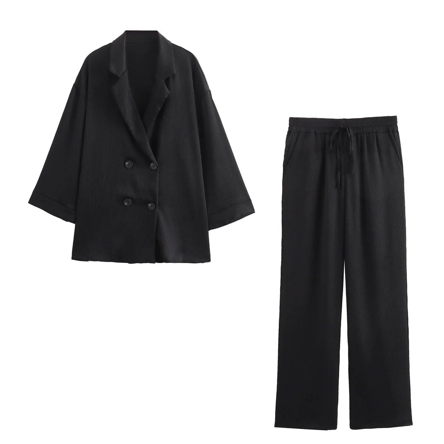 Women's Casual Blazer and Pants Set for Fall/Winter, Double-Breasted Long Sleeve Blazer and Wide-Leg Pants, Size: As Pictured, Color: Parallel Import