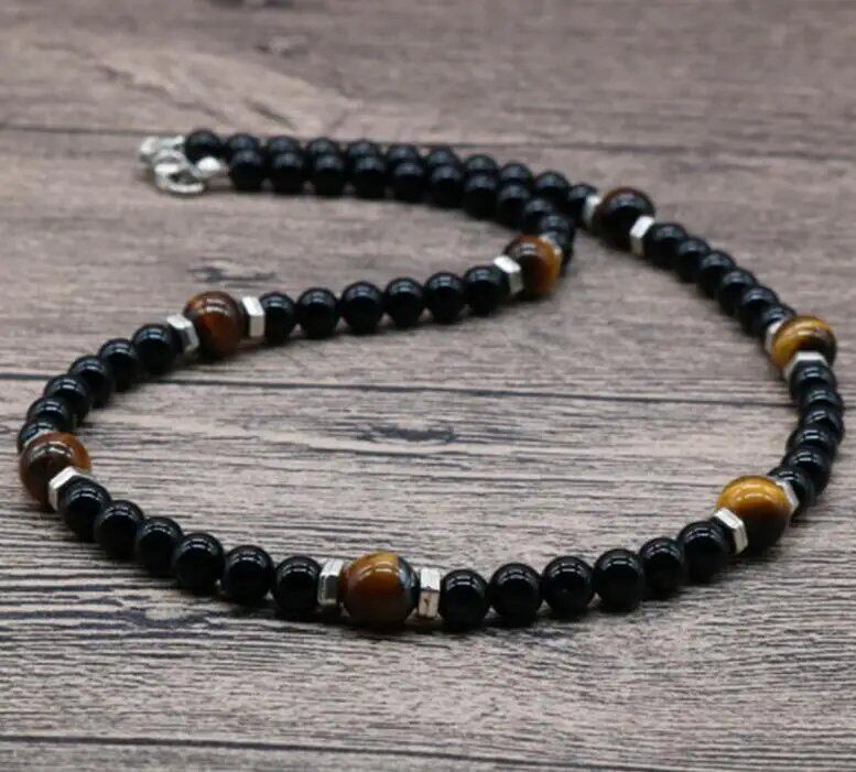 Classic Chakra Necklace for Men, Natural Lava Stone Color, Tribal Spiritual Collier, Punk Short Choker, Boyfriend Gift, Metal Color: Style, Parallel Import