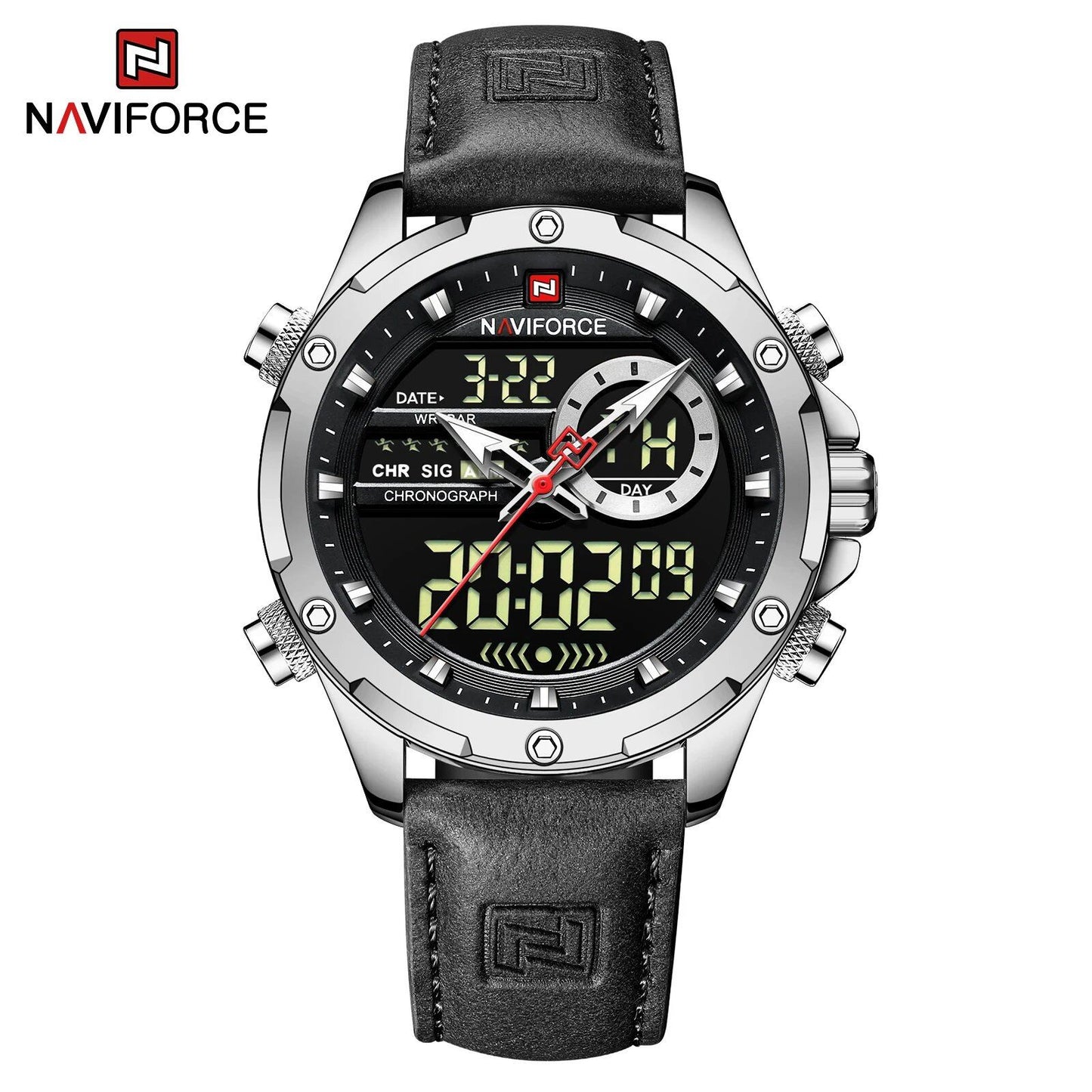 NAVIFORCE Men's Luxury Original Watch, Casual Sports Watch with Chronograph, Alarm, Quartz Movement, Leather Strap, Waterproof, Digital Watch, 9163, Color: Parallel Import