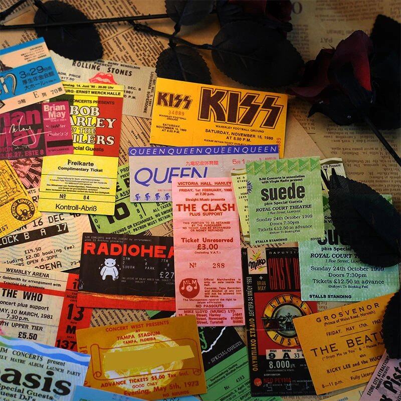 10/20/43 Sheets Rock Music Ticket-Style Graffiti Stickers, Retro Band Decals for Kids' Toys, Cool Waterproof DIY Guitar, Bike, Car, Color: Random, Parallel Import