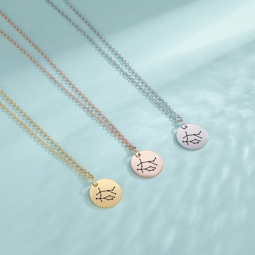 Skyrim Zodiac Necklace for Women, Skyline Design, Stainless Steel, Leo, Gemini, Taurus, Aries, Libra, Virgo Pendant, 45-50cm Long; Main Stone Color: Parallel Import