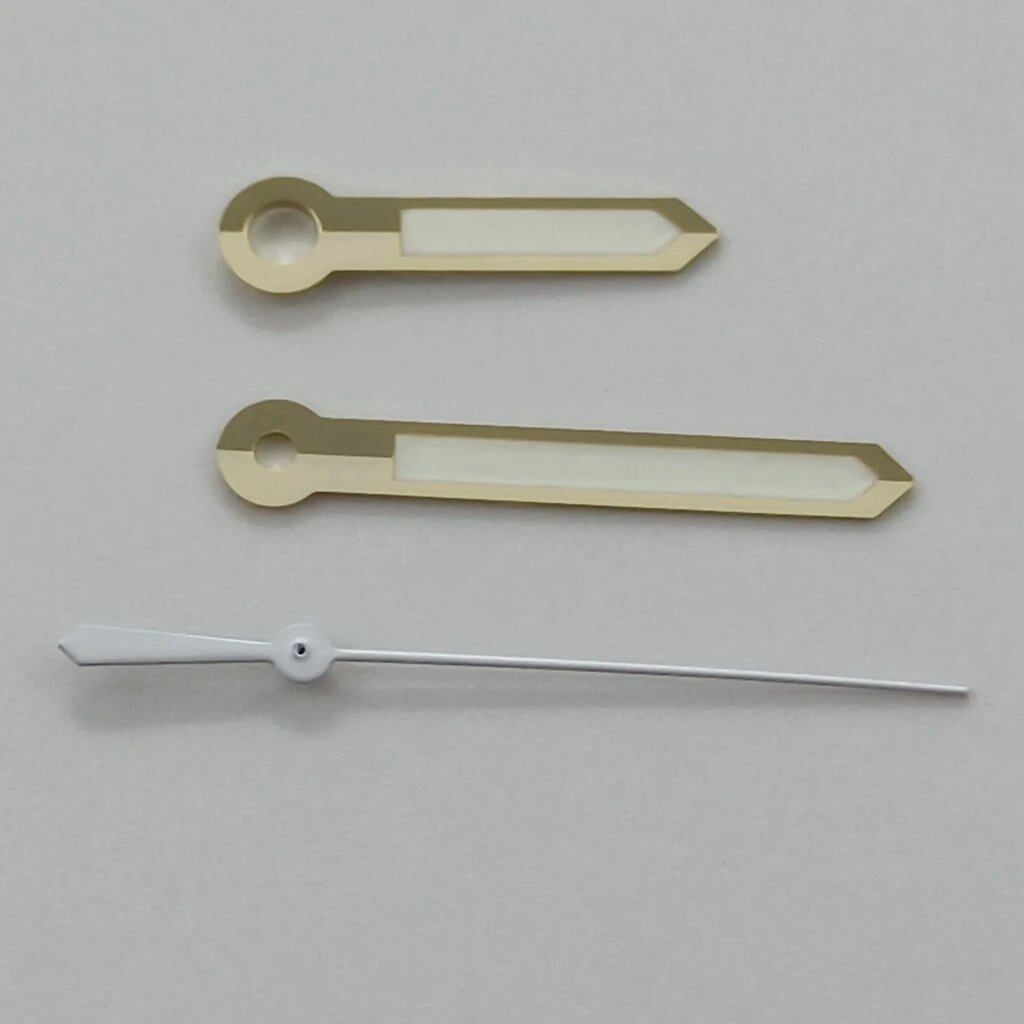 High-quality silver gun gold and rose gold watch hands with luminous finishes. Compatible with NH35, NH36, NH38, NH70, NH72, 7S26, 7S36, 4R35, and 4R36 movements. Parallel import.