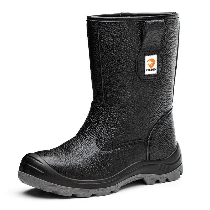 Men's Waterproof Mid-Length Safety Boots, Leather Work Boots, Impact and Puncture Resistant, Industrial Protective Boots, Cowhide Leather, Color: Black, Parallel Import