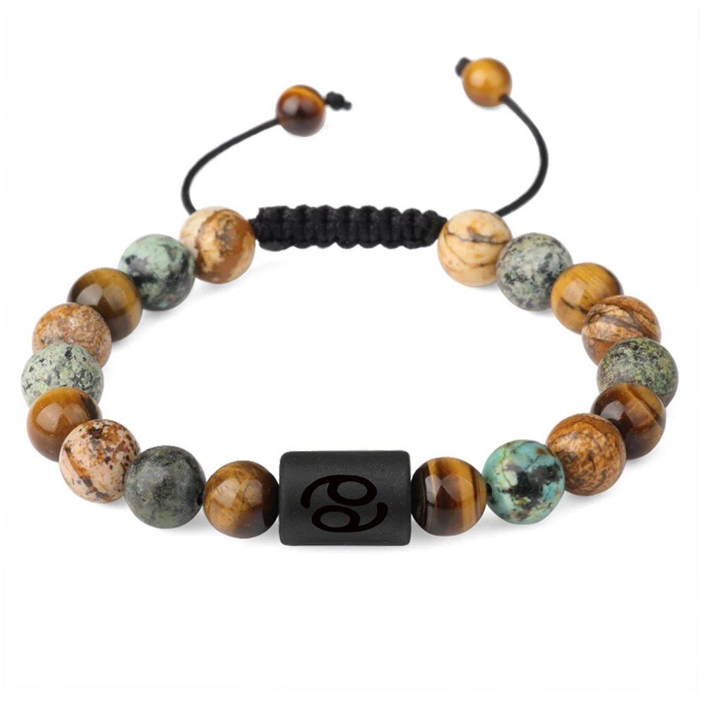 12 Zodiac Sign Beaded Bracelet, Natural Tiger Eye Stone, Zodiac Sign Bracelet for Men and Women, Charm Jewelry, Gift, Metal Color: Parallel Import