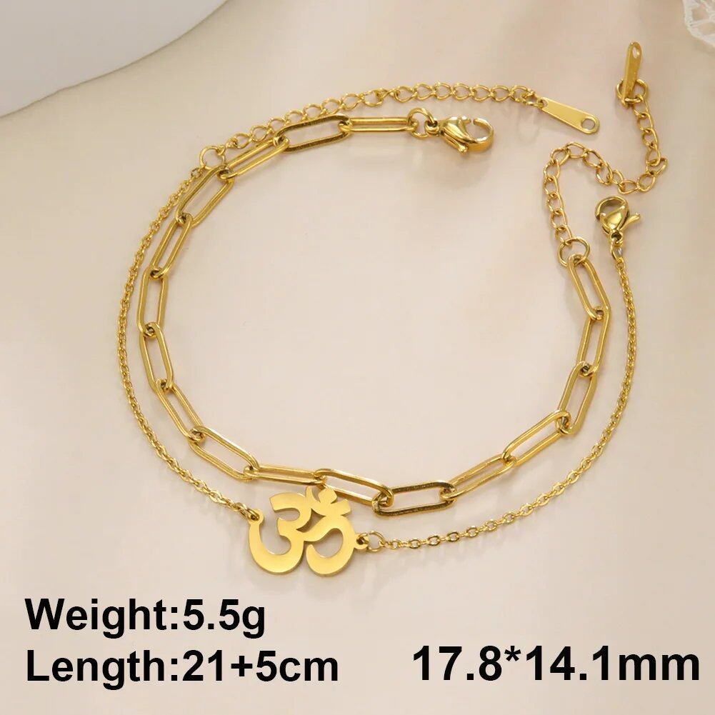 Dawapara Om Sanskrit Symbol Anklet Bracelet, Hindu Yoga Ankle Chain Bracelet, Stainless Steel, Spiritual Jewelry, 100cm, Parallel Import