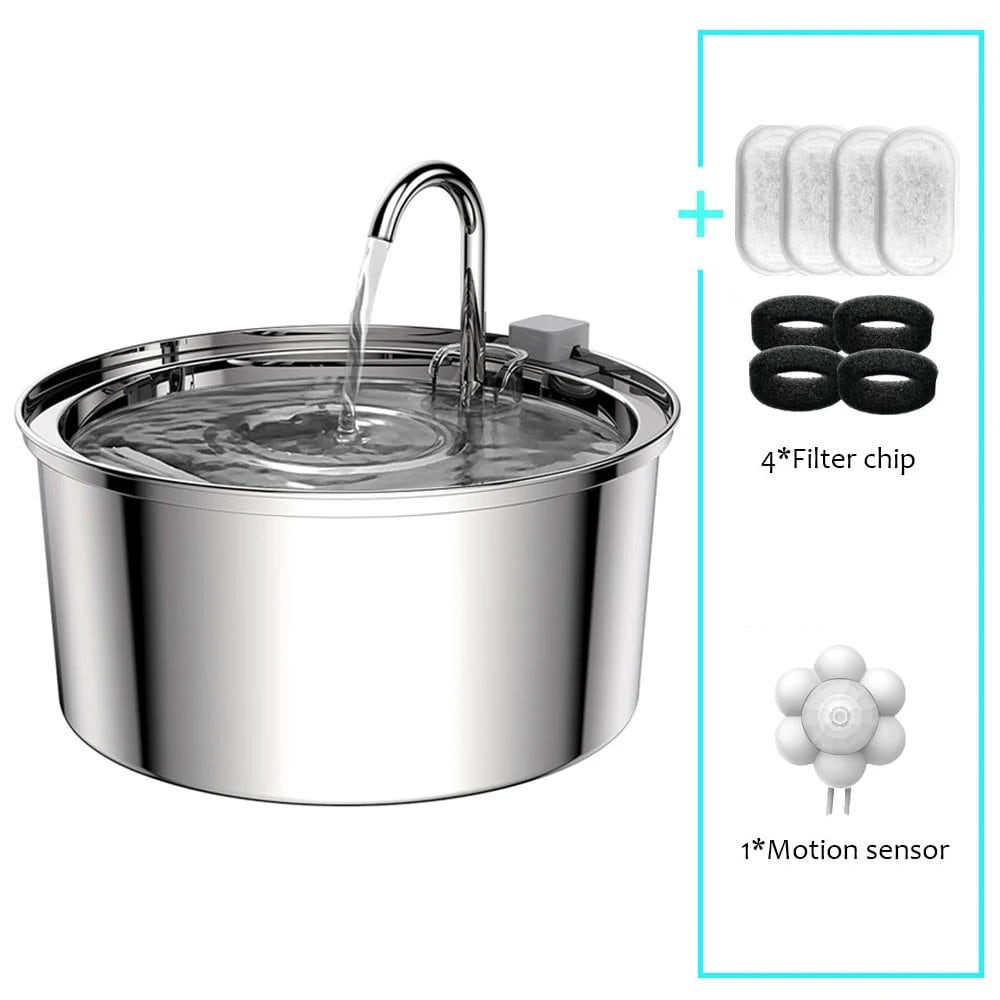 Stainless steel automatic pet waterer, USB rechargeable, silent, with filter, for cats and dogs. Color: Black; Capacity: 3.2L. Imported.
