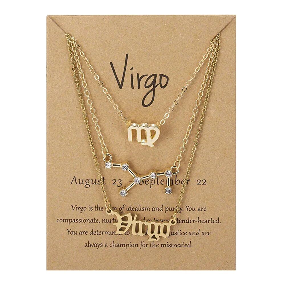 Set of 3 Women's 12 Zodiac Sign Necklaces with Pendant Chains, Chokers, Birthday Jewelry, Cardboard Cards, 45cm Long; Metal Color: 6252, Parallel Import