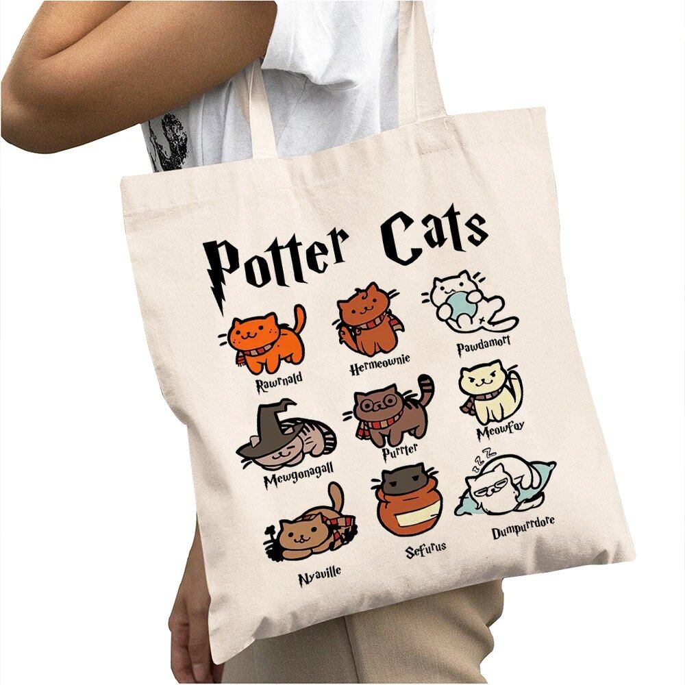 Casual cat print tote bag, large capacity shopping bag for women, stylish and cute cat design, size: 40 x 45cm; color: parallel import