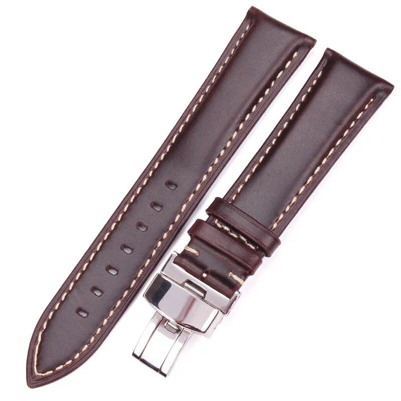 18-24mm Women's & Men's Vintage Smooth Watch Band Strap, Dark Brown Genuine Leather Bracelet with Metal Butterfly Deployment Clasp Buckle, Band Color: mm, Parallel Import