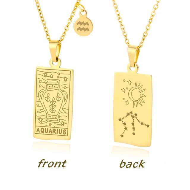Stainless Steel 12 Zodiac Sign Necklace for Women, Zodiac Pendant, Gold Plated Square Clavicle Chain, Birthday Jewelry, Metal Color: Parallel Import