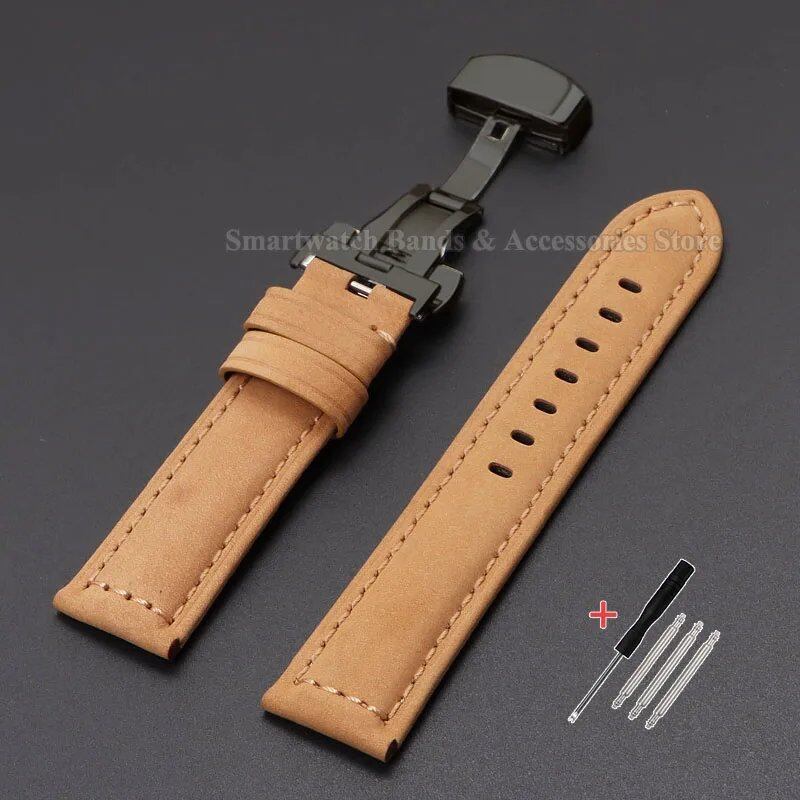 Vintage-style calf leather strap for Panerai and Seiko watches in sizes 20mm, 22mm, 24mm, and 26mm. Features a metal butterfly clasp. Band color: mm. Parallel import.